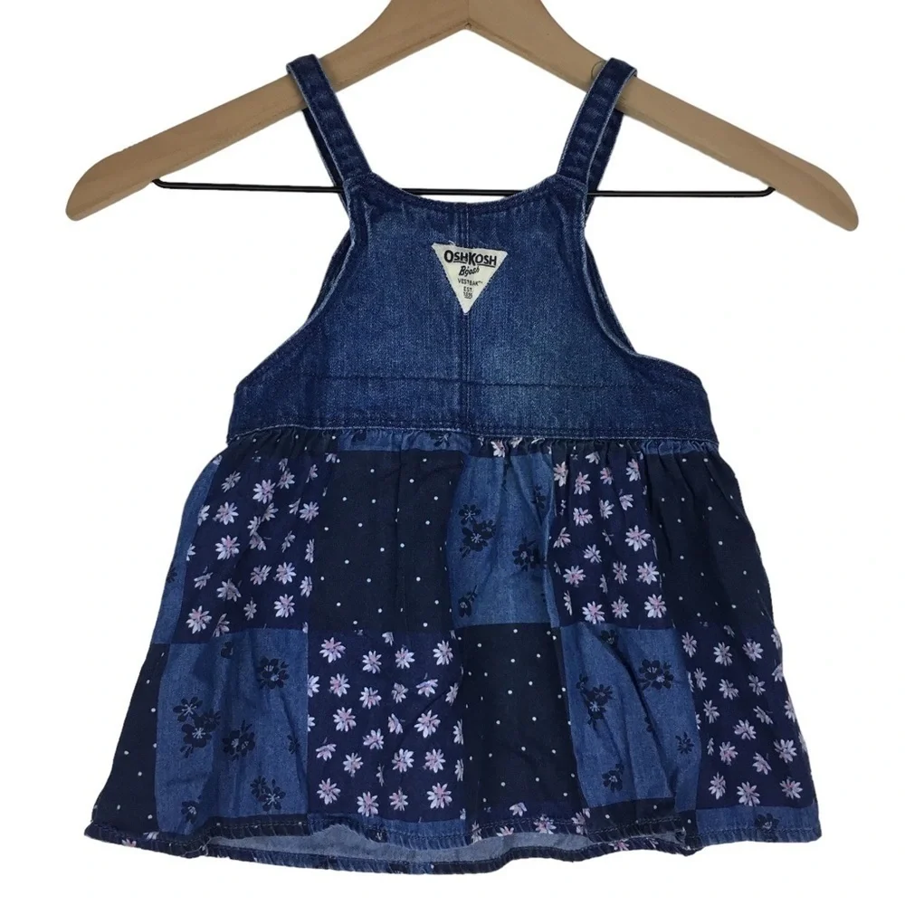 OSHKOSH Denim Patchwork Cotton Dress Floral Flowers Chambray Summer Size 2T
